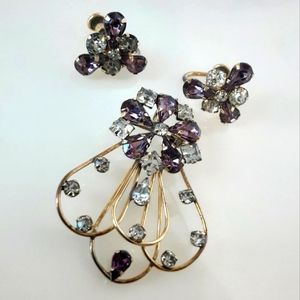 STAR-ART Demi-Parure Amethyst Rhinestone Crystal Brooch | Screw Back Earrings